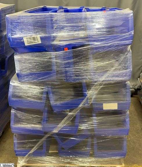 Wooden Pallet of Blue Reach In Organizers Each One Measures 11x23x10" Tall Pallet included image