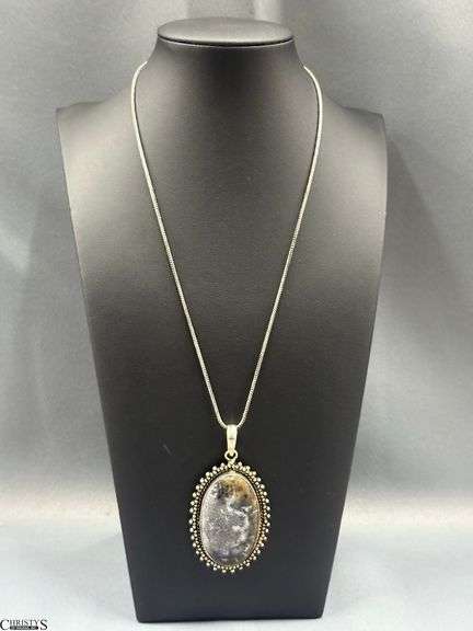 Dendrite Pendant Necklace with Chain.  Tag Marked German Silver image