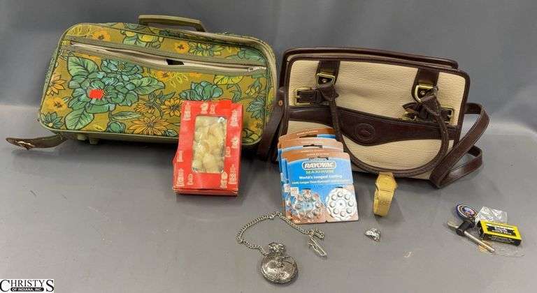 Dooney and Bourke Ladies Handbag, Childs Suitcase, Plastic Chess Pieces, Hearing Aid Batteries, Costume Jewelry - Wear and damage throughout - 11" of handbag image