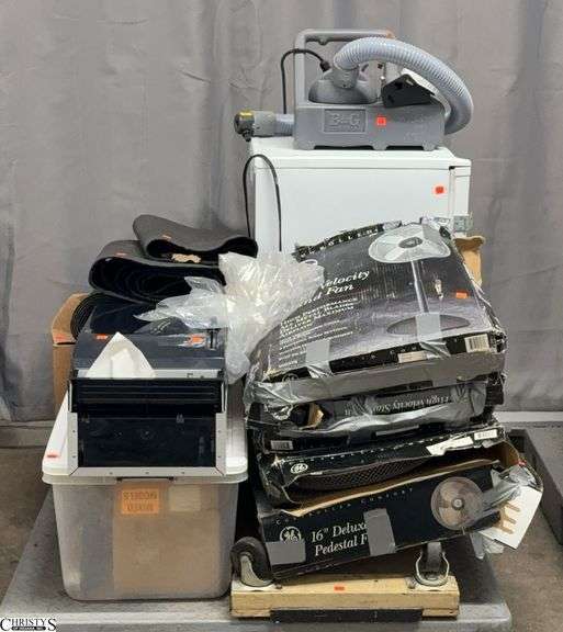 Floor Fan Parts, Small Kenmore Refrigerator, Floor Mats, Storage Tote of Electrical , Paper Towel Dispenser, 4 Wheel Dolly, Misc - SKID NOT INCLUDED