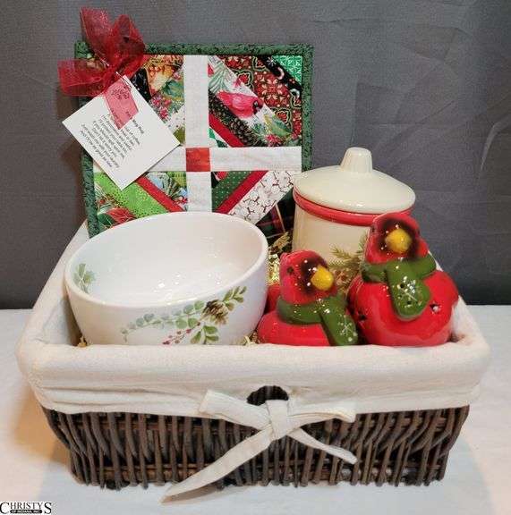 Basket with Mug Rug, Holly Bowl, Holly Candle, and 2 Light-up Cardinals image
