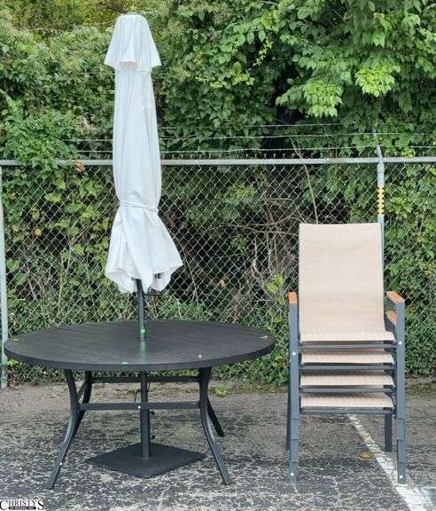 7pc Outdoor Patio Set - Includes 60" Round Aluminum Table, Patio Umbrella, 4 Chairs, Umbrella Stand - 60" x 28" of table - some scuffing/wear from use image