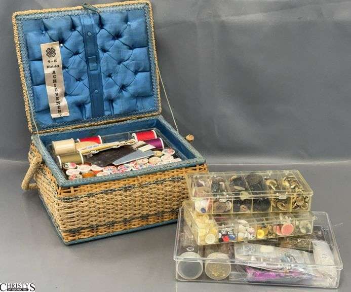 Sewing Basket with Assorted Notions and 3 Small Plastic Organizers of Buttons - 11" x 9" x 5" of basket image