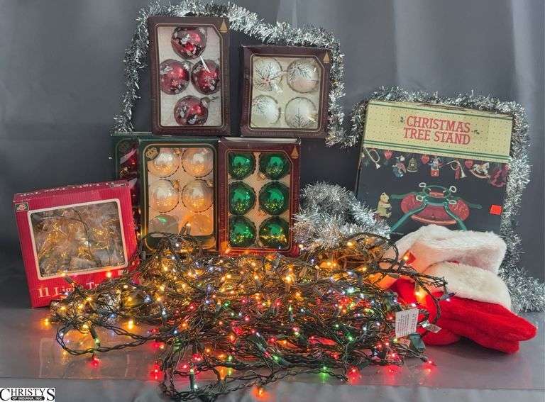 Assorted Christmas Decor - Ornaments, Stockings, Tree Stand, Tree Topper image
