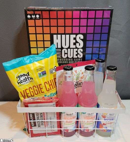Game Basket: Hues and Cues, Gummy Bears, Veggie Chips, 4 Popcorns, 4 Drinks image