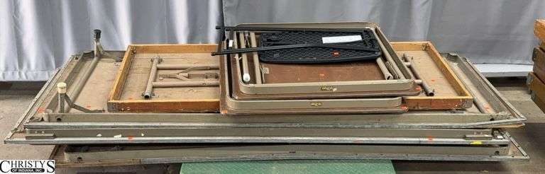 7 Folding Banquet/Card Tables Platform Pieces- Shows wear 36" X 96" approx of largest- SKID NOT INCLUDED image