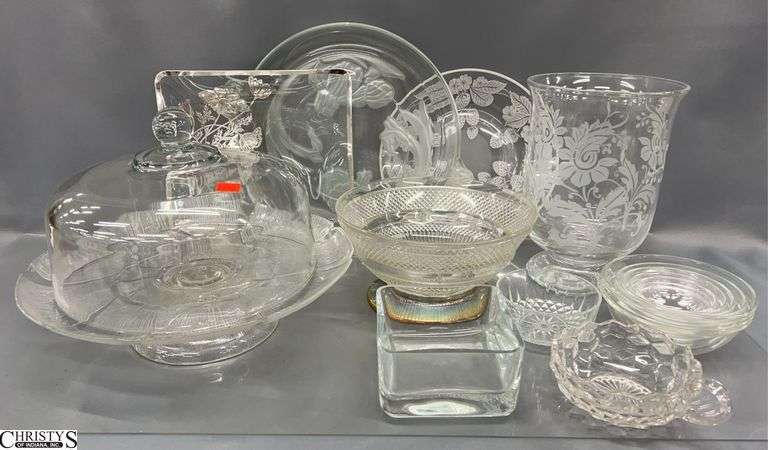 Assorted Glass Serveware - Plates, Cake Plate, Hurricane Vase, Misc - 10" of tallest image