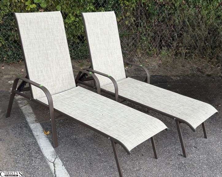 2 Adjustable Patio Outdoor Loungers - 24" W x 66" L x 40" as sits, some scuffing/wear from use image