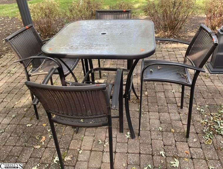 Pub Height Patio Table and 4 Chairs - Some wear from outdoor use - 36" x 36" x 40" T of table image