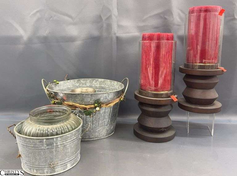 Pair Decorator Candle Hurricanes, Small Galvanized Bins - 12" of tallest image