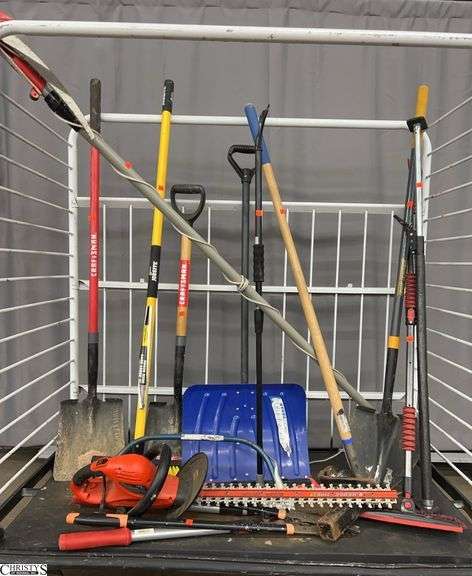 Assorted Long Handled Yard Tools - Shovels, Trailer Hitch, Pruners - CART NOT INCLUDED