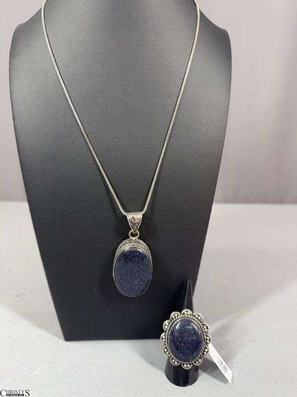 Blue Sun Stone Pendant Necklace with Chain and Blue Sun Stone Ring .  Tags Marked German Silver image