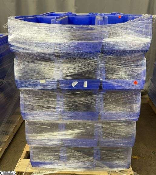 Wooden Pallet of Blue Reach In Organizers Each One Measures 11x23x10" Tall Pallet included image