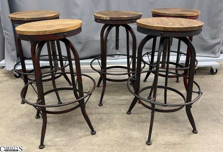 5 Farmhouse Industrial Swivel Barstools - 18" x 27" as sits - several show splits to top image