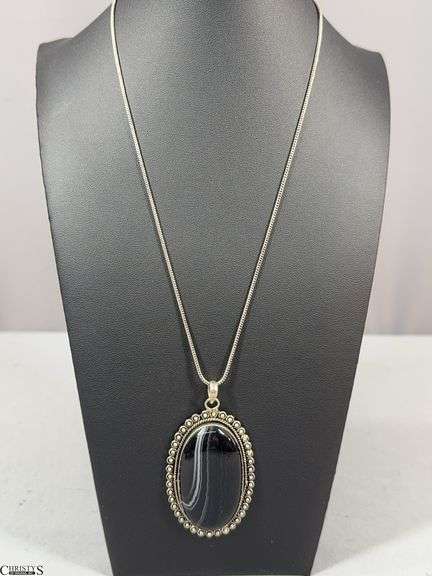 Branded Onyx Pendant Necklace with Chain.  Tag Marked German Silver image