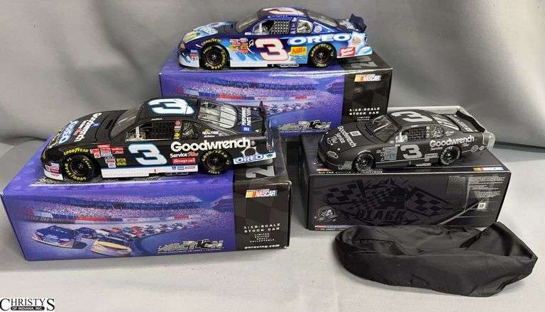 3pcs Dale Earnhardt Adult Collectible Cars, 1:24 ARC Black Label 2000 Monte Carlo, 1:18 Dale Jr Oreo Ritz 2002 Monte Carlo, Dale Oreo GM 2001 Monte Carlo image