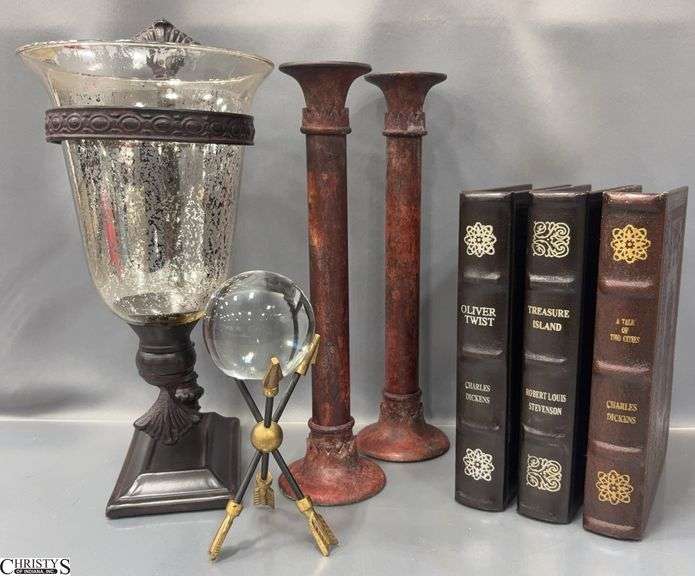 3 Decorative Book Style Storage Boxes, Candlesticks, Vase/Candle Hurricane, Paperweight - 15" of tallest image