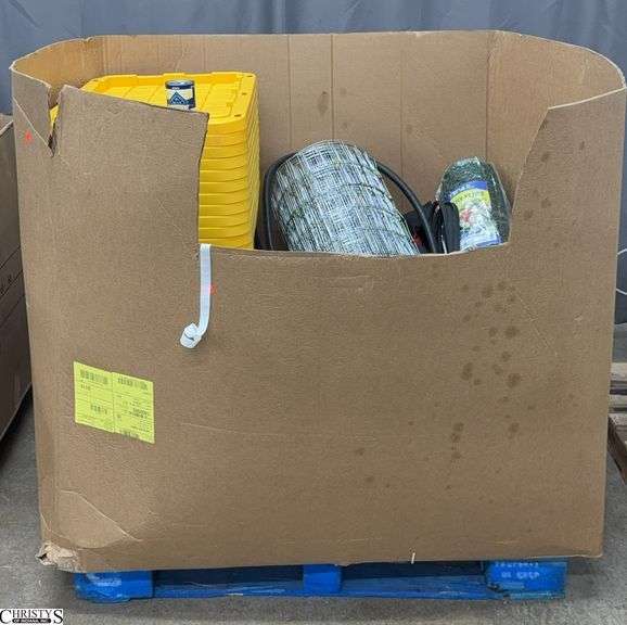 Gaylord With Store Returns Shelf Pulls, Yellow Lids, Wire Fences, Poultry Fencing, Belts, Empty Tool Bags, Pump, Must Take All image