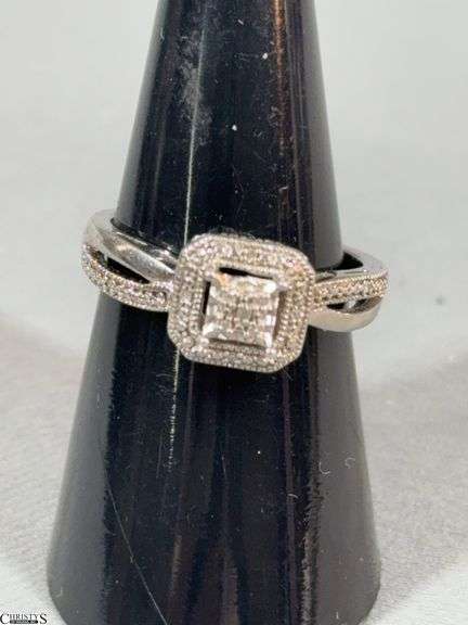 Silver Ring with Square Design Marked 925 with Diamond Chips image
