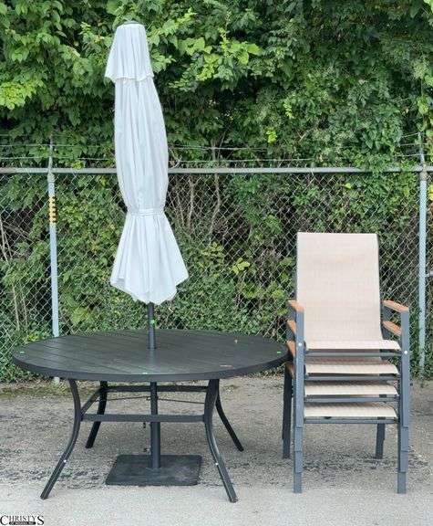 7pc Outdoor Patio Set - Includes 60" Round Aluminum Table, Patio Umbrella, 4 Chairs, Umbrella Stand - 60" x 28" of table - some scuffing/wear from use - umbrella does not stay open image