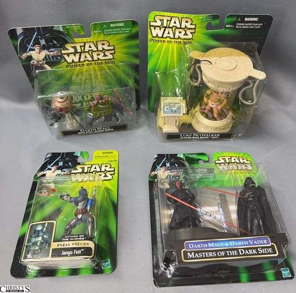 4 Star Wars 2000's Action Figures: Luke, Jango Fett, Darth Maul & Vader Lot image