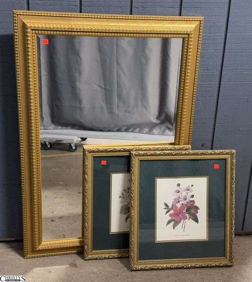 Decorator Mirror and 2 Framed Floral Prints - 30" x 42" of mirror, has crack in frame image