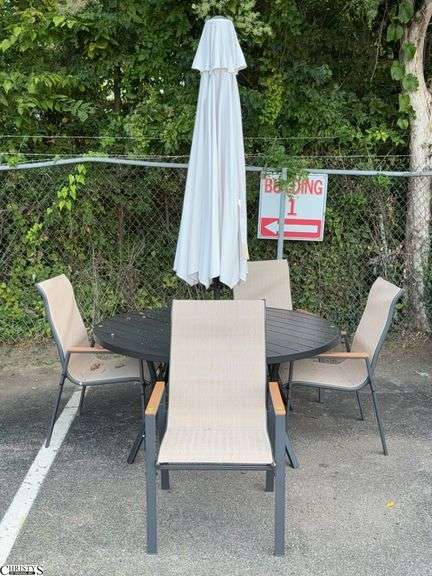 7pc Outdoor Patio Set - Includes 60" Round Aluminum Table, Patio Umbrella, 4 Chairs, Umbrella Stand - 60" x 28" of table - some scuffing/wear from use image