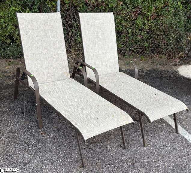2 Adjustable Patio Outdoor Loungers - 24" W x 66" L x 40" as sits, some scuffing/wear from use image
