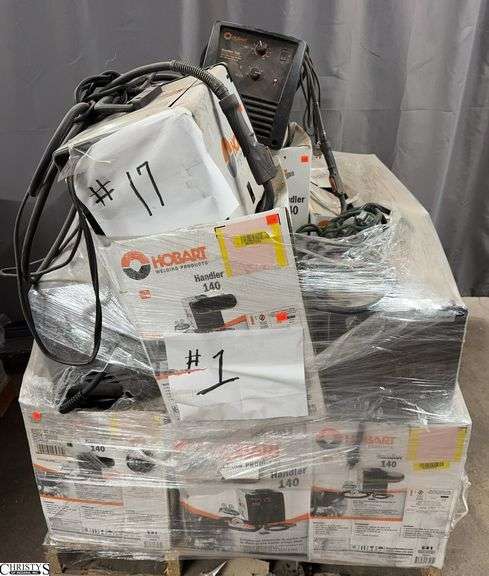 Skid lot of Hobart Defective Welders, Handlers 140 Wooden Pallet included image