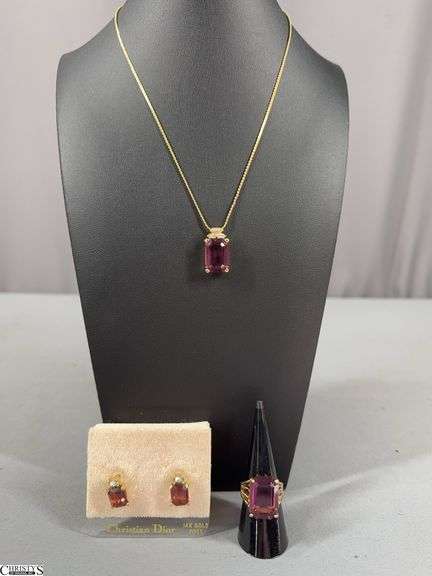 Christian Dior Necklace, Earrings and Ring Set with Purple Amethyst Colored Stone.  The ring is marked 18KGE image