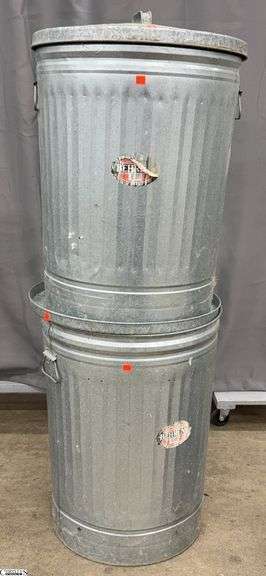 2 Behrens Galvanized Trash Cans w/ Lids - 27" T of each image