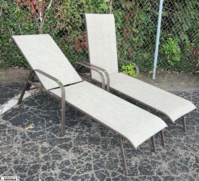 2 Adjustable Patio Outdoor Loungers - 24" W x 66" L x 40" as sits, some scuffing/wear from use image