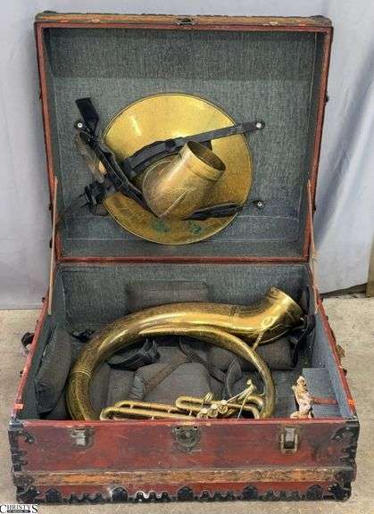 Murat Temple Band Sousaphone Tuba in Travel Trunk - 37" x 34" x 19" of trunk - some wear from use and storage, missing mouth piece