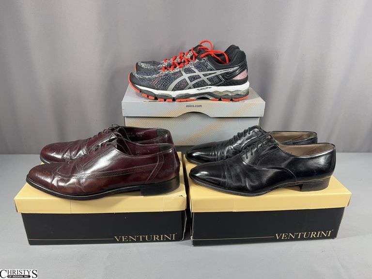 3 Pairs of Men's Shoes.  One Asics Gel-Kayand 22 Athletic Carbon/Silver/Cherry Tomato Color Shoes Size 12 in Box.  Very Gently Used.  A Brown Pair of Freeman Size 13 D and a Black Pair of Rick Pallack Size 13 M.  Both pairs of shoes are used condition. image
