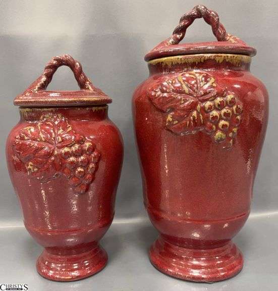 Pair Grape Vine Motif Lidded Canisters - 16" of tallest image