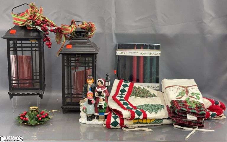 Cast Iron Christmas Carolers Doorstop, Lanterns, Tree Skirt, Hand Towels - 14" T of largest image