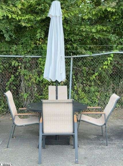 7pc Outdoor Patio Set - Includes 48" Round Aluminum Table, Patio Umbrella, 4 Chairs, Umbrella Stand - 48" x 28" of table - some scuffing/wear from use image