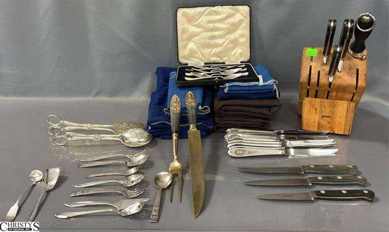 Silverplate Assorted Flatware and Serving Utensils, Hoffitz Knives and Block, Silverplate Storage Bags - 13" of largest knife image