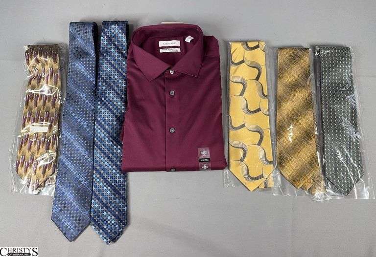 New with Tags Calvin Klein Men's Dress Shirt Size 17, 36/37 XL Slim Tall and 6 Men's Ties.  4 of the ties are still in their packaging.  Brands include J. Garcia, Emanuel Ungaro, Format, Matrix by Format and 2 Calvin Klein image