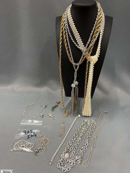 9 Chains Marked 925 and 4 Lariat Type Necklaces