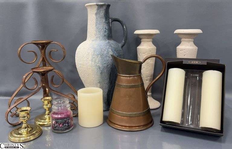 Baldwin Brass Candlesticks, Decorative Ewer Vase, Candles, Small Copper Pitcher - 14" of tallest image
