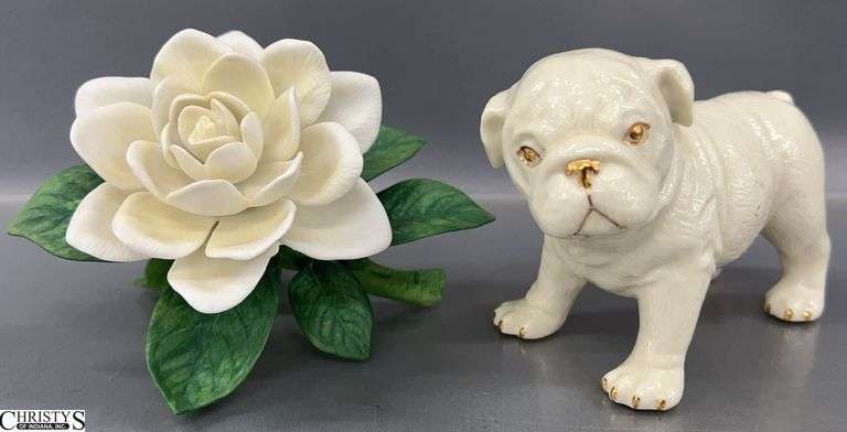 Lenox Porcelain Bulldog Figurine and Gardenia Figurine - 4" T of tallest image