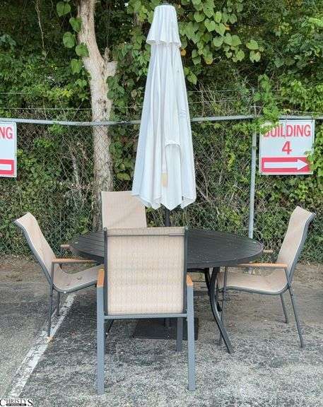 7pc Outdoor Patio Set - Includes 60" Round Aluminum Table, Patio Umbrella, 4 Chairs, Umbrella Stand - 60" x 28" of table - some scuffing/wear from use image