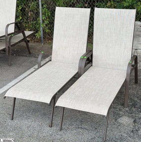 2 Adjustable Patio Outdoor Loungers - 24" W x 66" L x 40" as sits, some scuffing/wear from use image