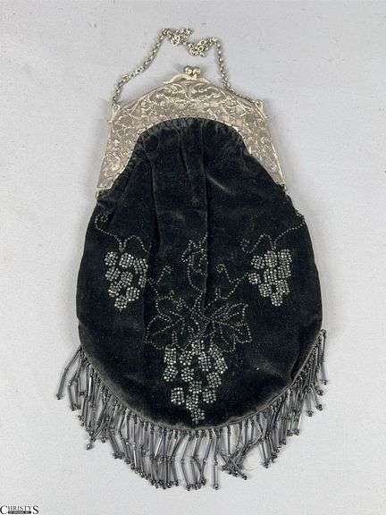 Black Velvet Beaded Evening Bag with Silver Tone Clasp and Beaded Fringe image