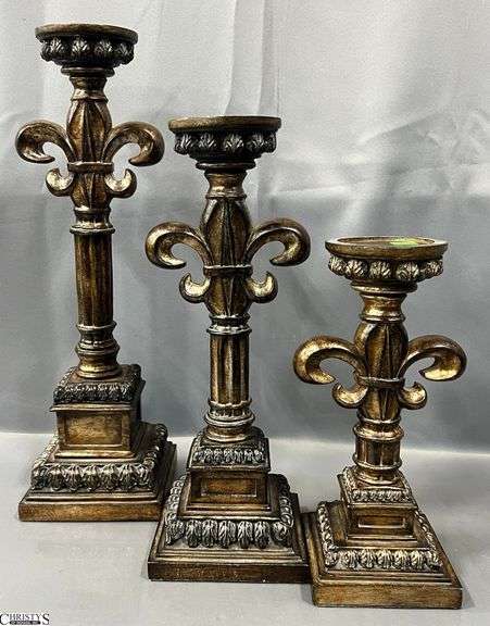 3 Fleur De Lis Decorative Candlesticks - 19" of tallest image