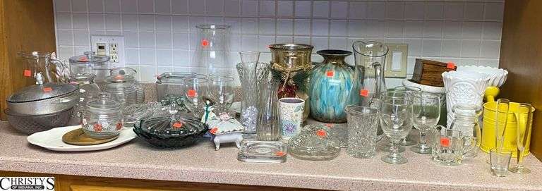 Large Group Glasses, Vases, Misc Glassware - Some chipping throughout - 12" of tallest image