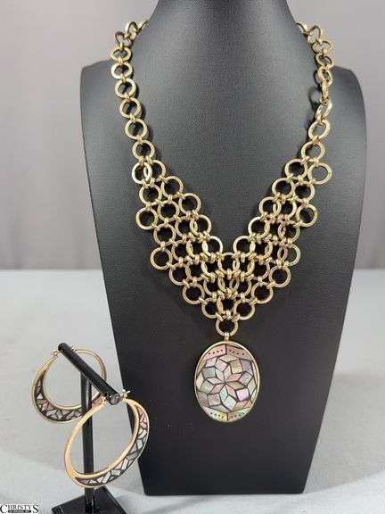 Kenneth Cole Goldtoned Necklace with Mosaic Type Pendant  and Matching Earrings Set. image