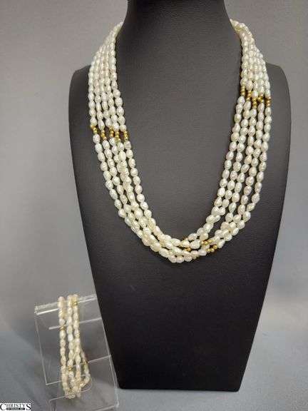 Seed Pearl 5-Strand Necklace with Matching 3-Strand Bracelet Set.  Clasps Marked 14K