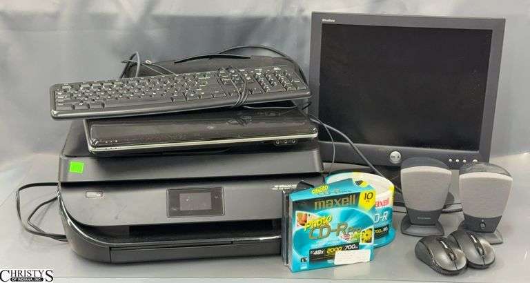 Dell Monitor, Logitech Keyboard, HP Laptop (No Battery), HP Office Jet Printer, Various Computer Speakers, Mouse, Blank Discs image